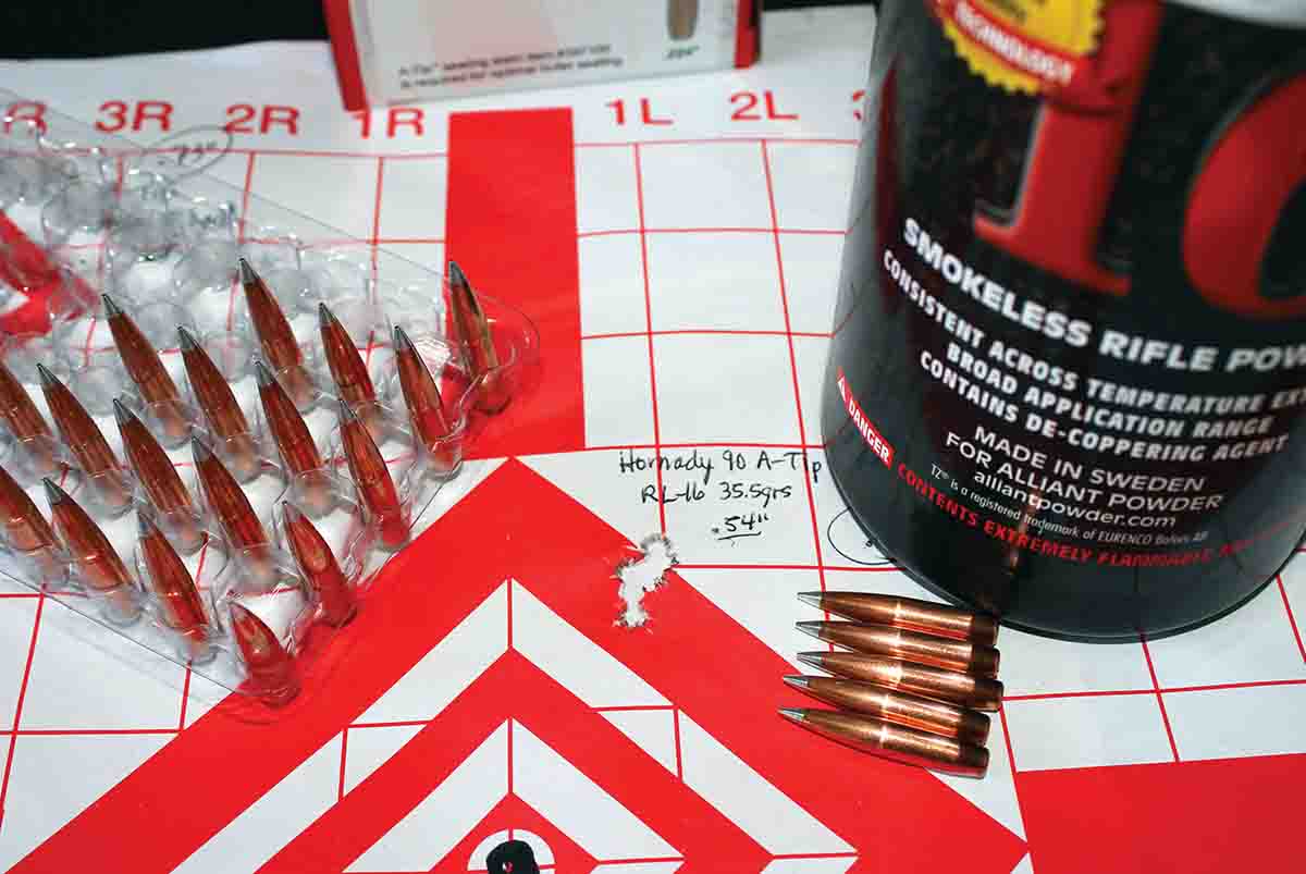 This .54-inch group resulted from 35.5 grains of Alliant Reloder 16 beneath Hornady’s 90-grain A-Tip at only 2,765 fps. Reloder 16 is both temperature stable and includes a copper-erasing ingredient.